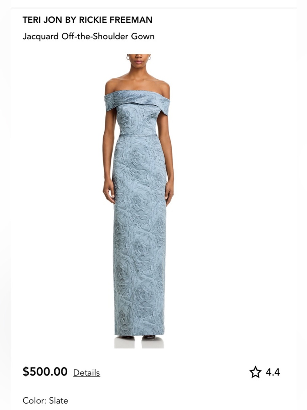 NWT Teri Jon by Rickie Freeman Slate Blue Off-Shoulder Jacquard Gown